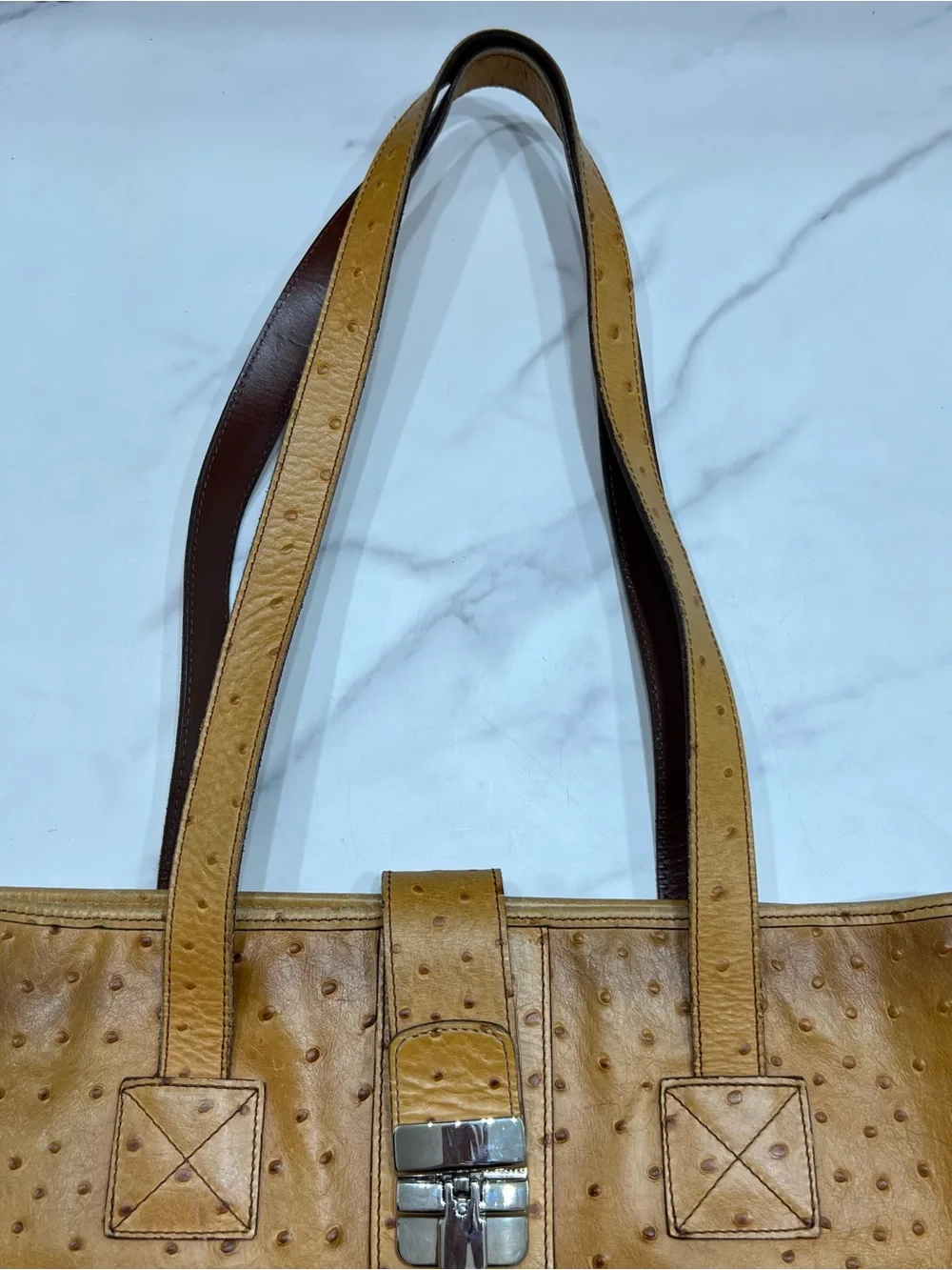 Vintage Dooney & Bourke Tan Ostrich Embossed Leather Bucket Bag Tote Made in USA - Picture 7 of 12